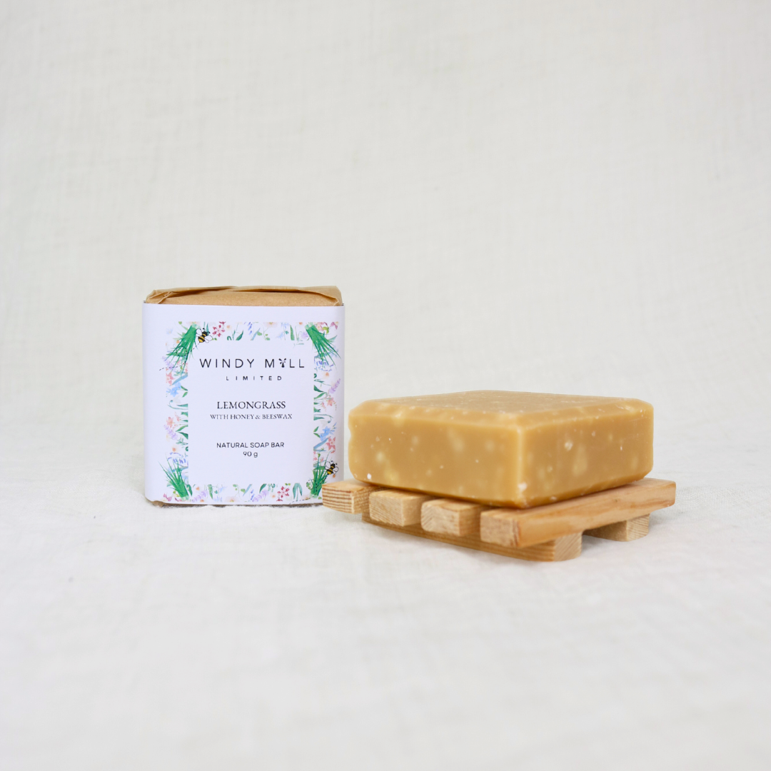 Bar of soap with a packaging label
