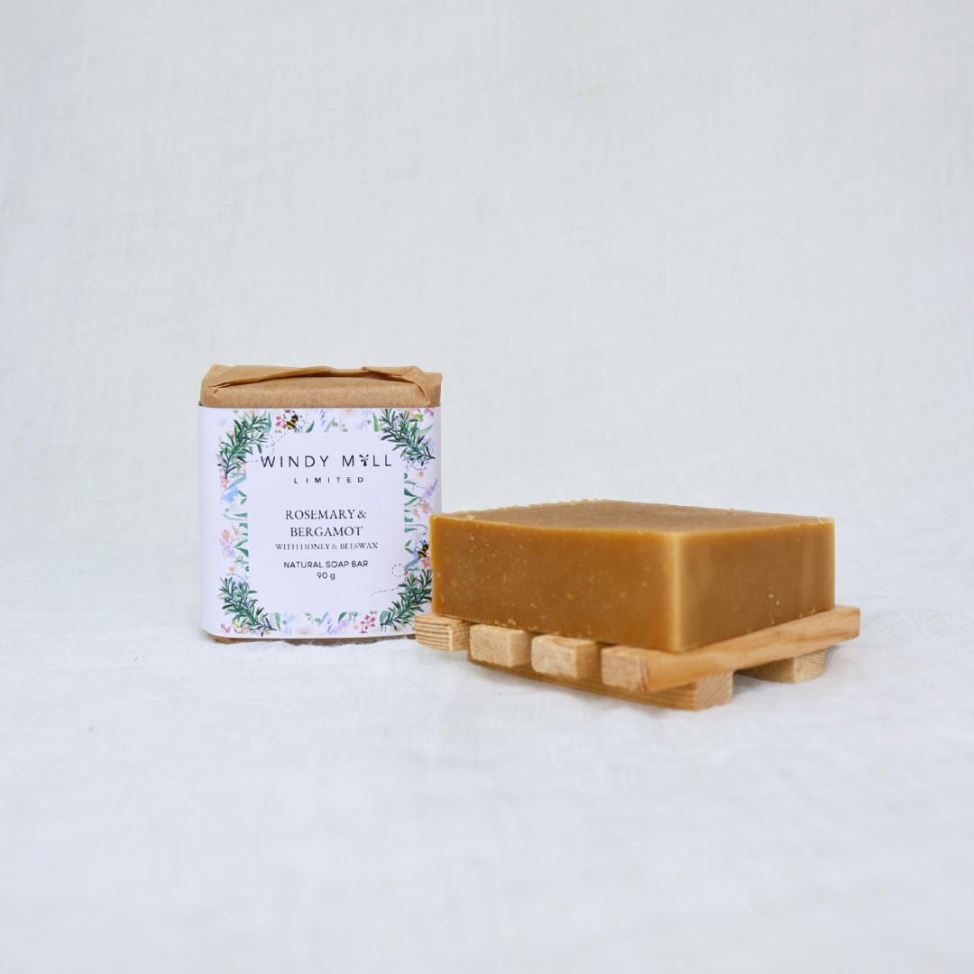 Bar of soap with a packaging label