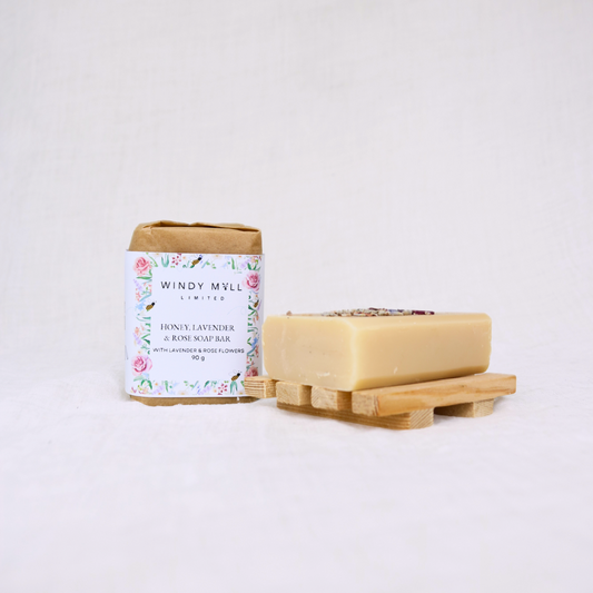 Bar of soap with a packaging label