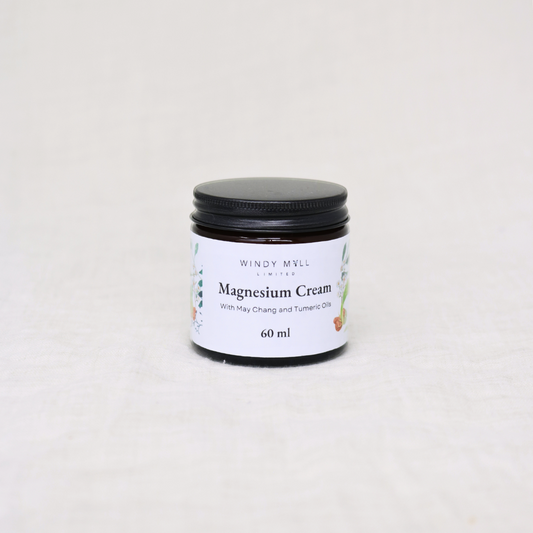 Jar of magnesium cream with a black lid